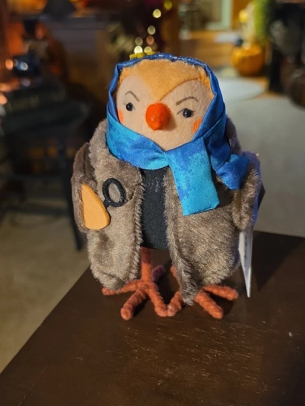 Plush Bird with Blue Scarf and Brown Fur Coat - Decorative Pet Figurine